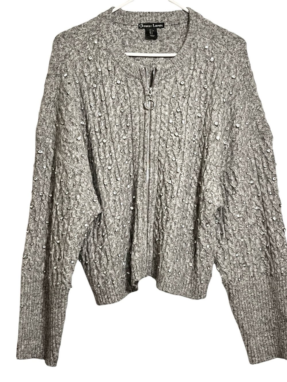 Christian Lacroix Gray Cable Knit Rhinestone Zip Front Cardigan Women’s Large - Picture 1 of 7